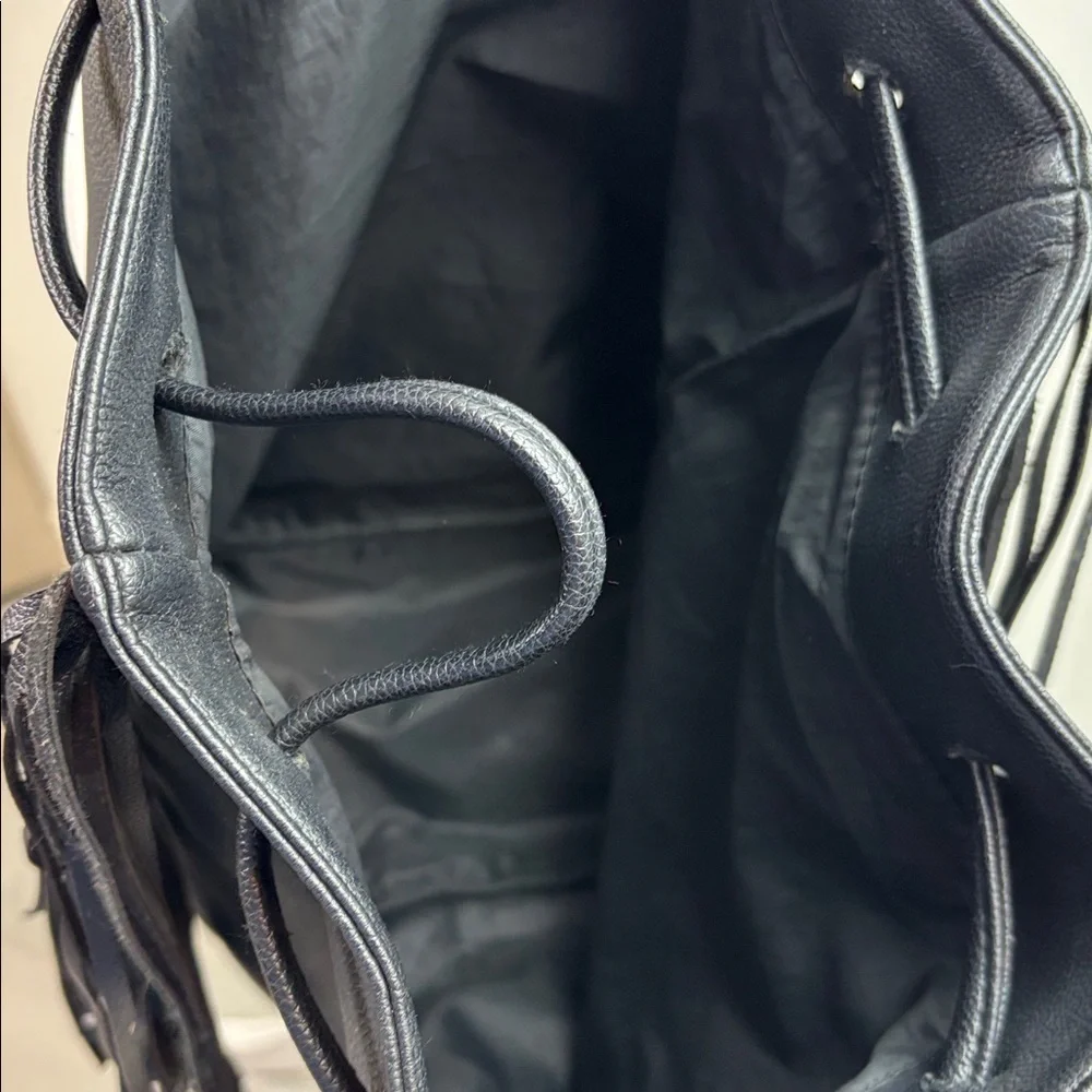 Victoria's Secret Black faux leather boho fringe bag backpack drawstring tote - Picture 13 of 13